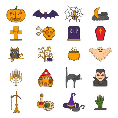 Çizgi film elle çizilmiş Cadılar Bayramı simgeler vektör