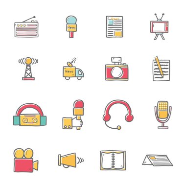 Vektör karikatür elle çizilmiş gazetecilik simgeleri çizim