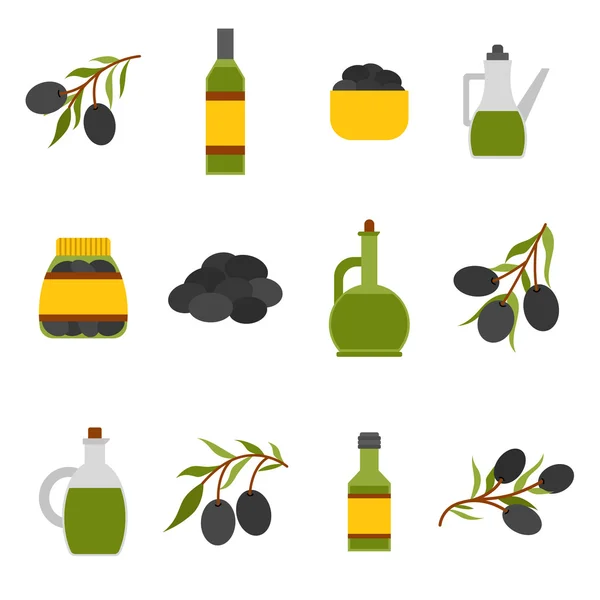 Vector plano botella de aceite de dibujos animados y aceitunas — Archivo Imágenes Vectoriales