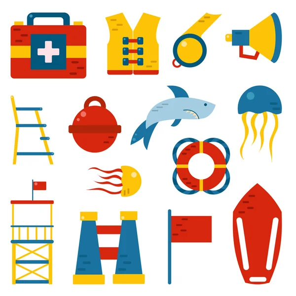 Vector cartoon flat lifeguard icons — Stock Vector