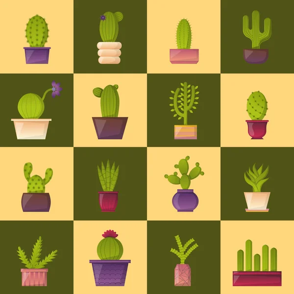 Vector cartoon house plant cactus icons — Stock Vector