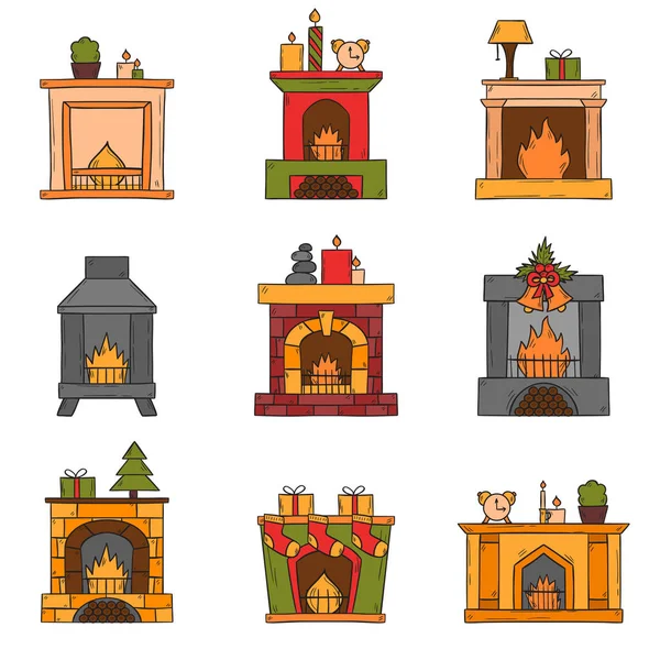 Vector cartoon hand drawn fireplaces icon set — Stock Vector