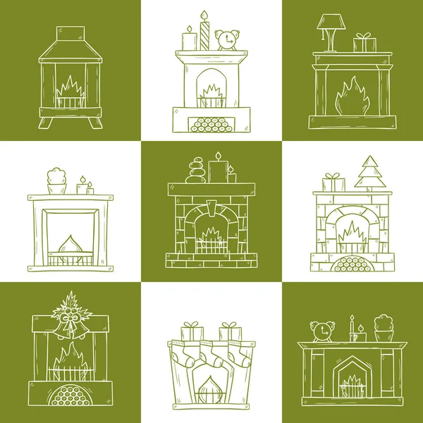 Vector cartoon hand drawn fireplaces icon set — Stock Vector