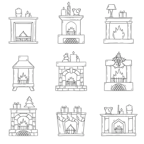 Vector cartoon hand drawn fireplaces icon set — Stock Vector