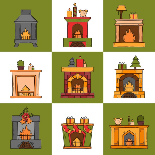 Vector cartoon hand drawn fireplaces icon set — Stock Vector