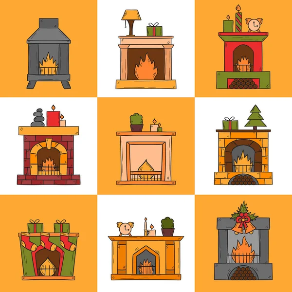 Conjunto de ícones de lareiras desenhadas à mão vetorial — Vetor de Stock