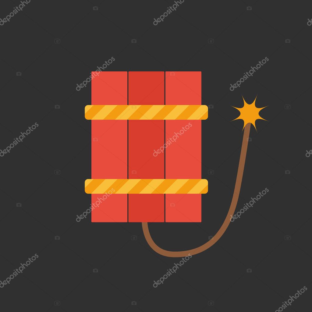 Illustration with isolated flat red dynamite on black background. Dangerous terrorism sign. Isolated cartoon dynamite. Pyrotechnics concept. Stop terrorism background. Danger red dynamite with spark
