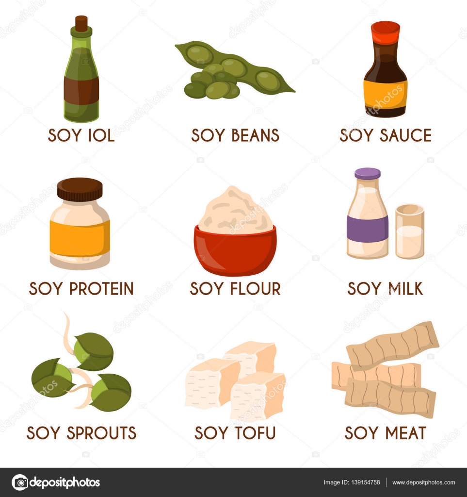 Vector illustration with cartoon soy products Stock Illustration by