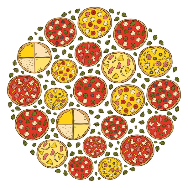 Ilustração vetorial com desenho animado desenhado à mão pizza fundo — Vetor de Stock