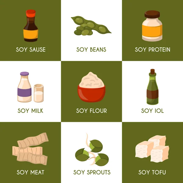 Vector dibujos animados alimentos de soja iconos — Archivo Imágenes Vectoriales