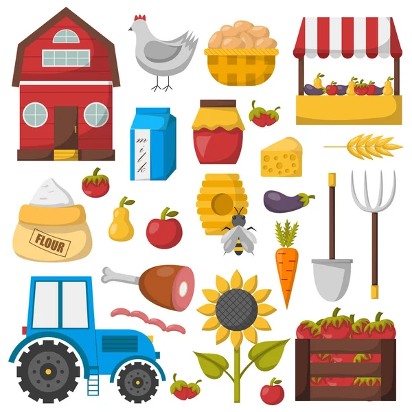 Vector iconos de mercado de dibujos animados granja — Vector de stock