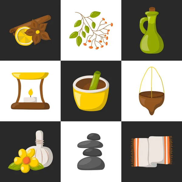 Vector iconos de dibujos animados ayurveda — Vector de stock