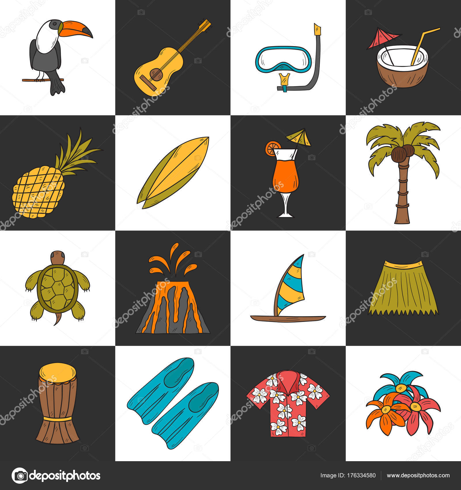Ilustración Vectorial Con Dibujos Animados Dibujados Mano Iconos Hawaii  Viaje Vector de stock #176334580 de ©petitelili, image size:1600x1700