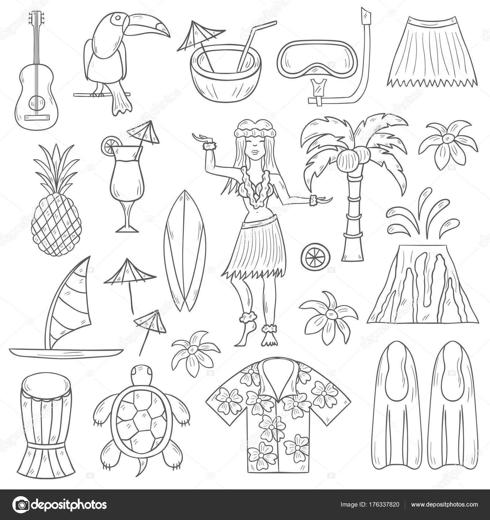 Ilustración Vectorial Con Dibujos Animados Dibujados Mano Iconos Hawaii  Viaje Vector de stock #176337820 de ©petitelili, image size:1600x1700