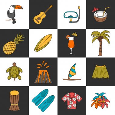 Vektör çizim karikatür ile çizilmiş hawaii simgeler ver. Tropik ada yaz seyahat. Kumsalları, gevşeme, palm, Hawaii Turizm. Çizgi film tatil simgeler vektör el çekilmiş