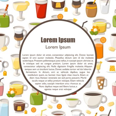 Vektör çizim karikatür alkolsüz içecekler arka plan ile. Gözlük karikatür içecekler: su, çay, soda, meyve suyu, limonata, kahve, süt kokteyl. Alkolsüz içecekler vektör arka plan