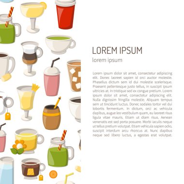 Vektör çizim karikatür alkolsüz içecekler arka plan ile. Gözlük karikatür içecekler: su, çay, soda, meyve suyu, limonata, kahve, süt kokteyl. Alkolsüz içecekler vektör arka plan