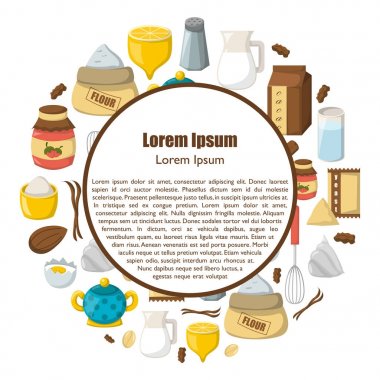 Malzemeler pişirme ile çizgi film illüstrasyon vektör. Maddeler arka plan yemek. Yemek pişirmek için vektör karikatür mutfak mutfak besin öğeleri. Çizgi film pasta hazırlık vektör malzemeler