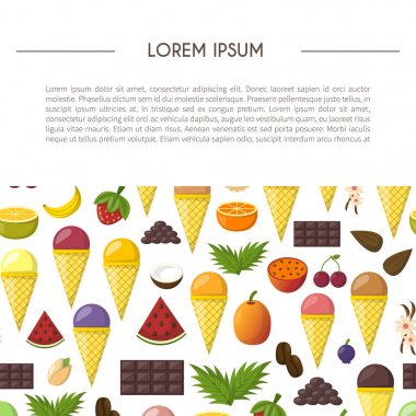 Vektör çizim karikatür dondurma topları koniler ile. Çizgi film dondurma lezzeti. Yaz tatlı tatlı. Büyük koleksiyon dondurma lezzeti. Vektör çizgi film arka plan. Meyve tatlı topları