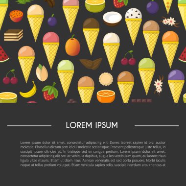 Vektör çizim karikatür dondurma topları koniler ile. Çizgi film dondurma lezzeti. Yaz tatlı tatlı. Büyük koleksiyon dondurma lezzeti. Vektör çizgi film arka plan. Meyve tatlı topları