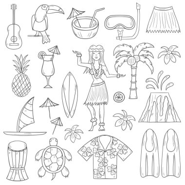 Vektör çizim karikatür ile çizilmiş hawaii simgeler ver. Tropik ada yaz seyahat. Kumsalları, gevşeme, palm, Hawaii Turizm. Çizgi film tatil simgeler vektör el çekilmiş