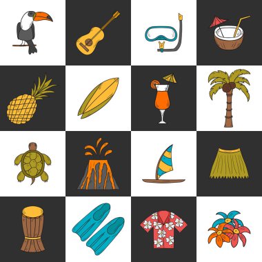 Vektör çizim karikatür ile çizilmiş hawaii simgeler ver. Tropik ada yaz seyahat. Kumsalları, gevşeme, palm, Hawaii Turizm. Çizgi film tatil simgeler vektör el çekilmiş