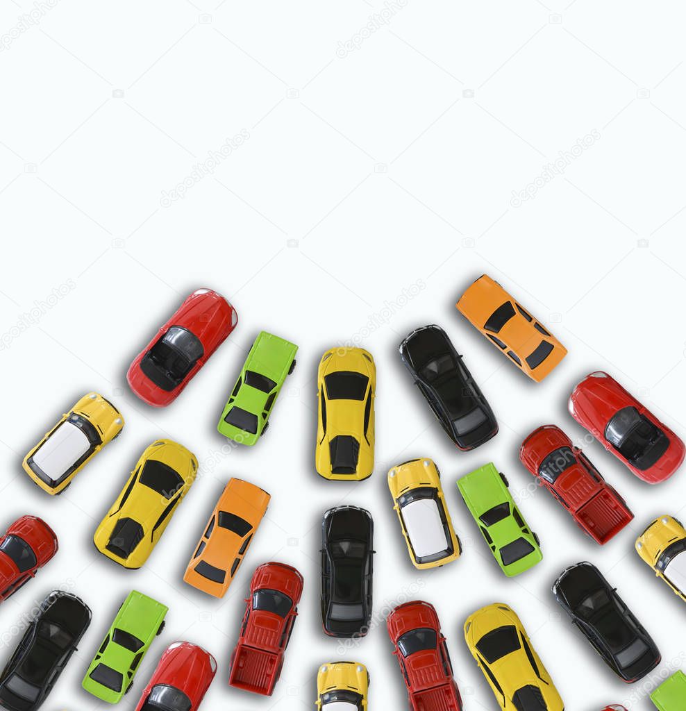 Electric cars concept with many toys vehicles on white background