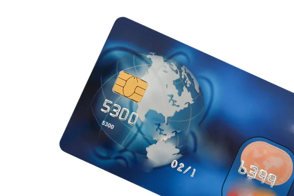 Close-up of detail of blue credit card with security chip — Stock Photo, Image