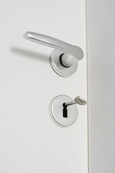 Close-up of a doorknob on white wood door — Stock Photo, Image