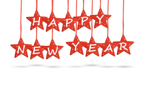 Feliz año nuevo deseo con estrellas rojas aisladas sobre fondo blanco — Foto de Stock