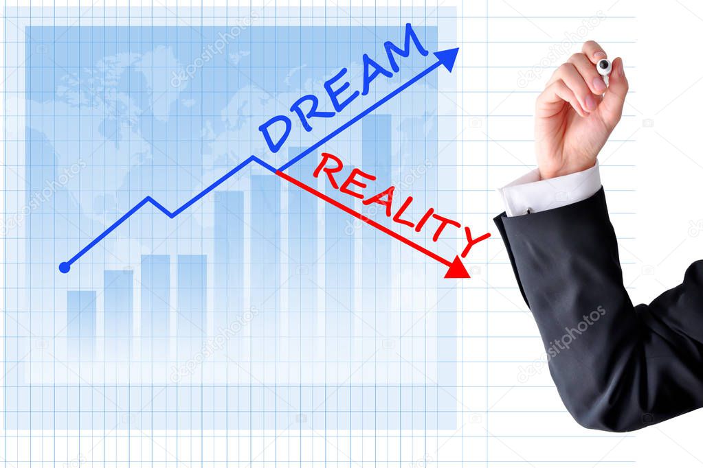 Business dream versus reality concept with bar graph and business man hand