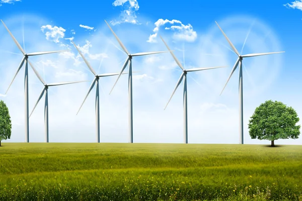Енергогенеруючі вітряки на літньому ландшафті — стокове фото