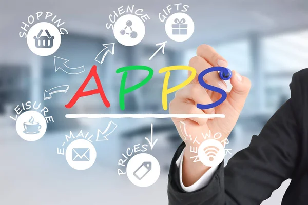 Business woman writing the word APPS  with a marker on a transparent screen, with app icons spreading from the main word — Stock Photo, Image