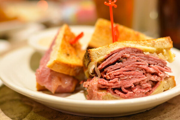 Corned beef pastrami sandwich close up