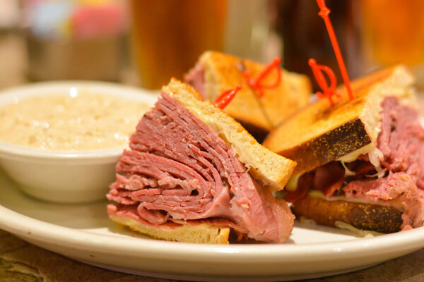 Corned beef pastrami sandwich close up