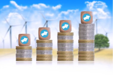 Rüzgar enerji sanayi büyüme yel değirmenleri arka plan üzerinde sikke merdiven ile