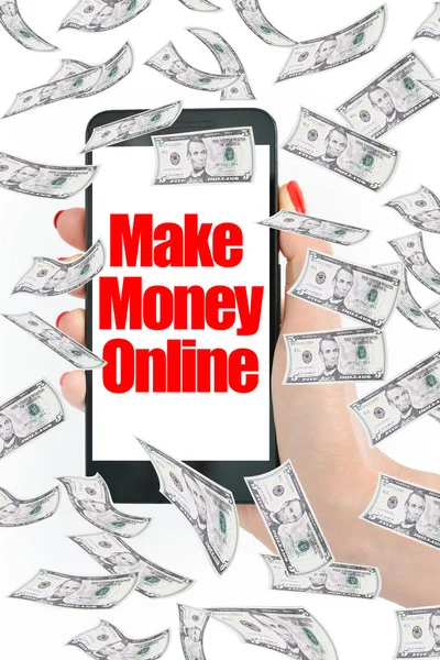 Maak geld online, bericht op smartphone met vliegende geld — Stockfoto