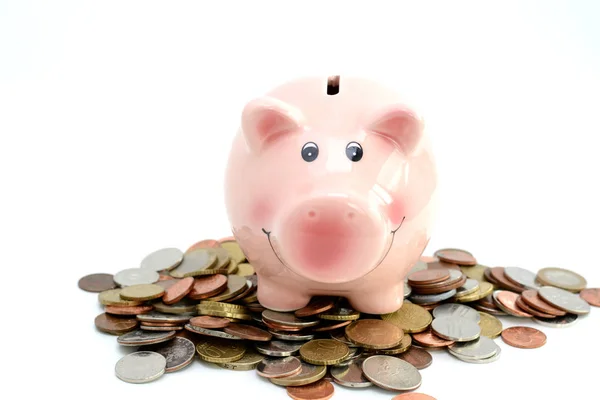 Pink piggy bank standing on coins, suggesting money savings concept — Stock Photo, Image
