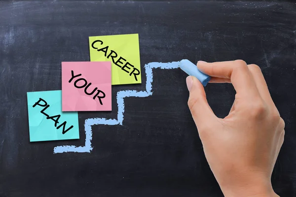 Career planning concept with colored post-it index on ladder chalk drawn on blackboard — Stock Photo, Image