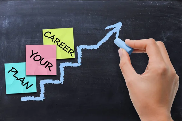 Career planning concept with colored post-it index on ladder chalk drawn on blackboard — Stock Photo, Image