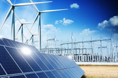 Kılavuz bağlantıları güneş panelleri ve rüzgar türbinleri yenilenebilir enerji kavramı