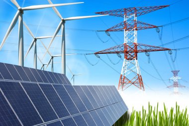 Kılavuz bağlantıları güneş panelleri ve rüzgar türbinleri yenilenebilir enerji kavramı