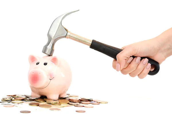 Piggy bank crashed or braked by hammer on money pile suggesting financial crisis — Stock Photo, Image