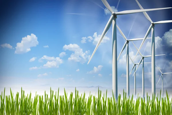 Turbiner vindkraftpark på landsbygden bakgrund — Stockfoto