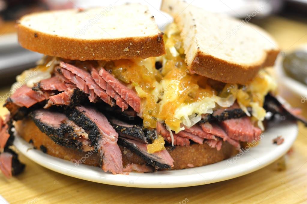 Corned beef pastrami sandwich close up