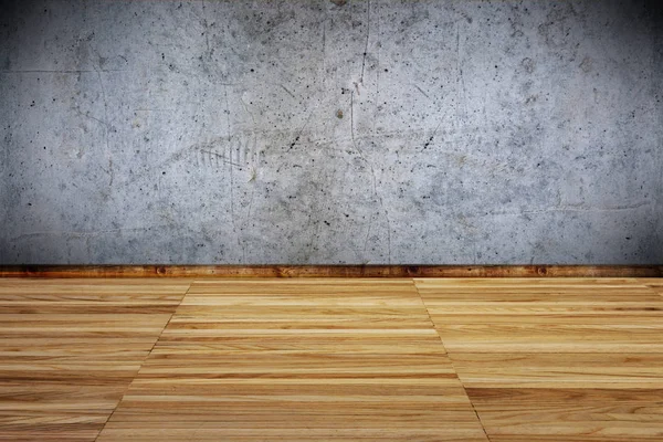 Interior da sala com piso de madeira e paredes de concreto — Fotografia de Stock