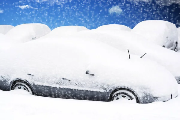 Múltiples coches aparcados cubiertos de nieve durante una tormenta de nieve — Foto de Stock