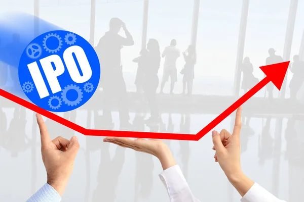 Initial public offering (IPO) or stock market launch concept with three human hands supporting an up going arrow chart suggesting company growth — Stock Photo, Image