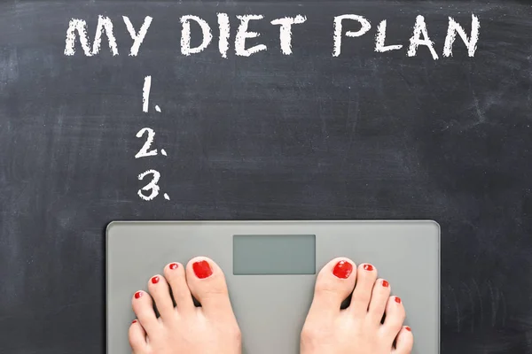 My diet plan on blackboard with woman feet on a weight scale — Stock Photo, Image