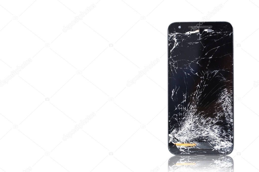 Broken glass or cracked smartphone display isolated on white background 